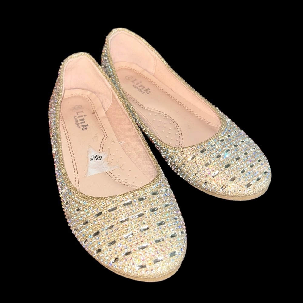 Link Comfort Girls Size 4 Kids Dress Shoe Fancy Flat Rhinestone Bling Pageant
